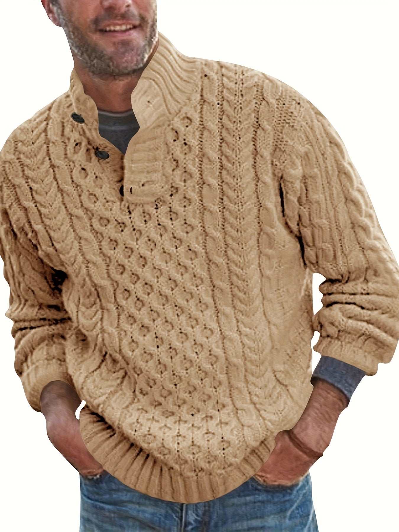 Chunky Stand Collar Pullover Sweater - Men's Winter Fashion Cable Knitted Thermal Sweaters with Buttons and Twisted Design - Cozy and Warm for Cold Weather