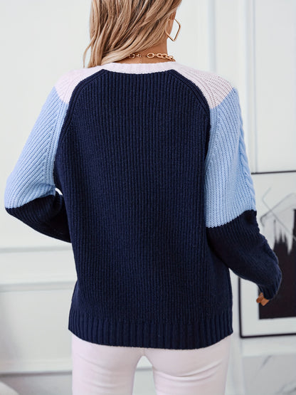[Cute Sweaters] Soft Geometric Color-Block Round Neck Pullover Sweater | Women's Long Sleeve Casual Chic Fall Winter Top in Pink & Blue Tones