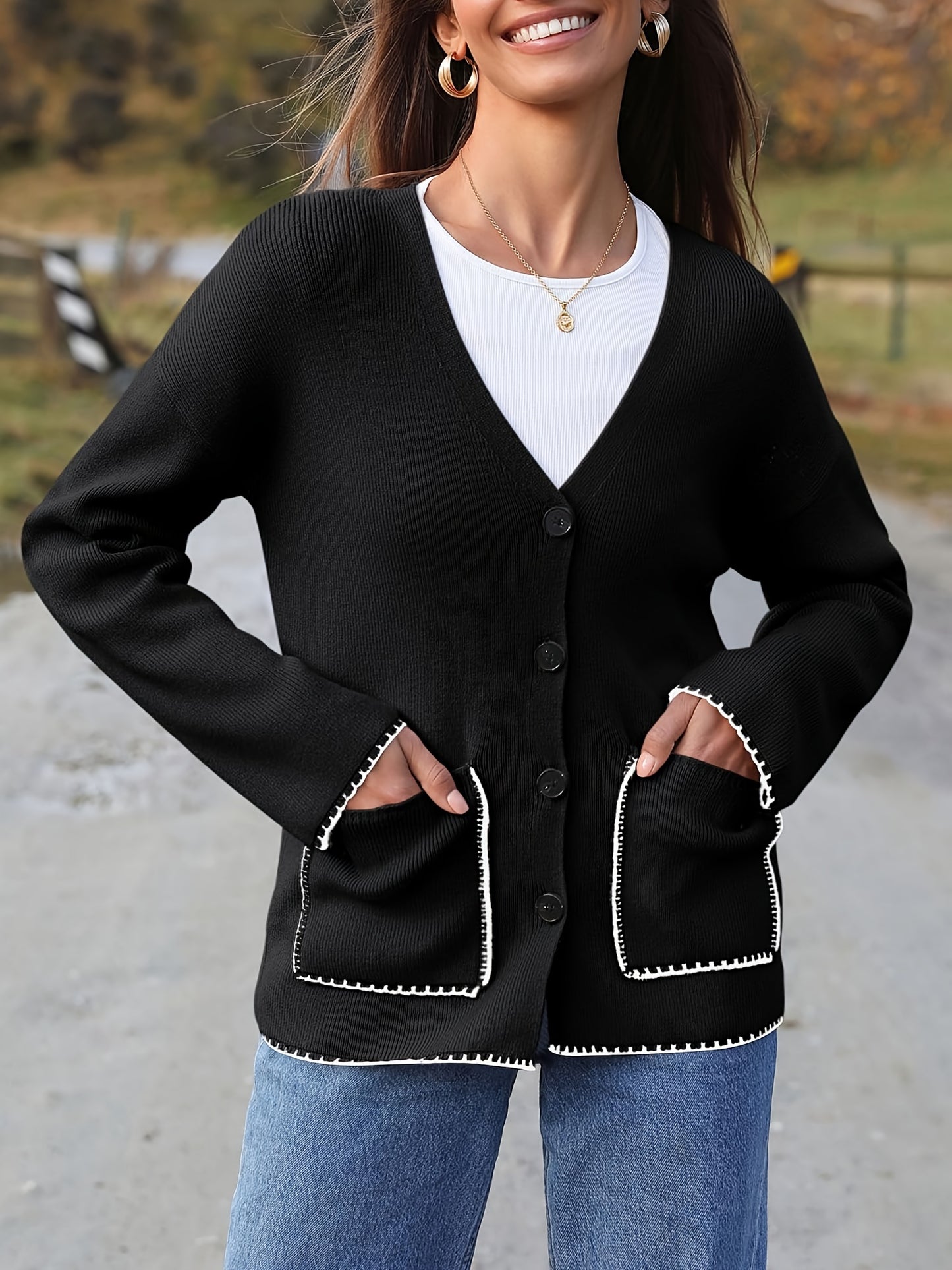 Womens Button Up Cardigan Sweaters Fall Trendy Knit Open Front Casual Loose Sweater Coat With Pockets