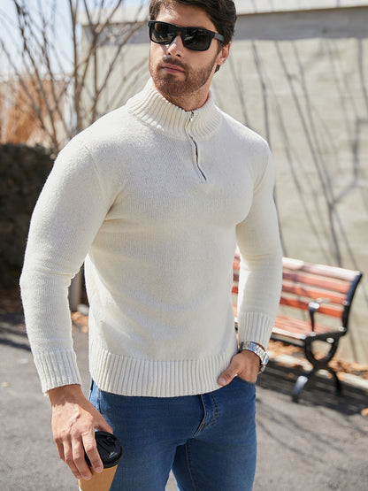 Men's Casual Zip-Up High Neck Sweater - Long Sleeve, Stretch Knit Pullover in Light Color, Machine Washable for Fall/Winter, Plus Size Sweaters
