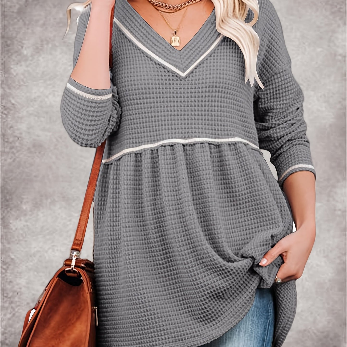 Womens V Neck Waffle Tunic Top Long Sleeve Peplum Pullover Babydoll Casual Flowy Swing Tshirts Pullover Sweaters