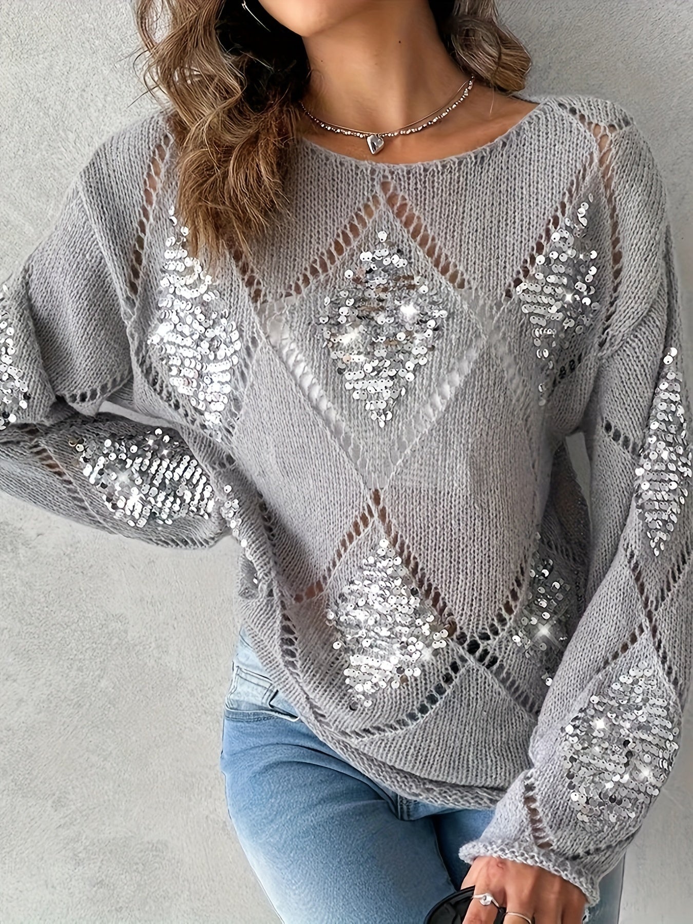 Elegant Geometric Beaded Knit Sweater for Women - Casual Long Sleeve Pullover, Perfect for Spring & Fall, Plus Size Sweaters