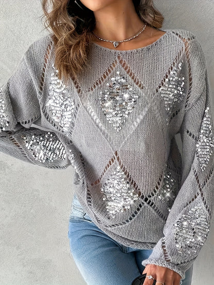 Elegant Geometric Beaded Knit Sweater for Women - Casual Long Sleeve Pullover, Perfect for Spring & Fall, Plus Size Sweaters