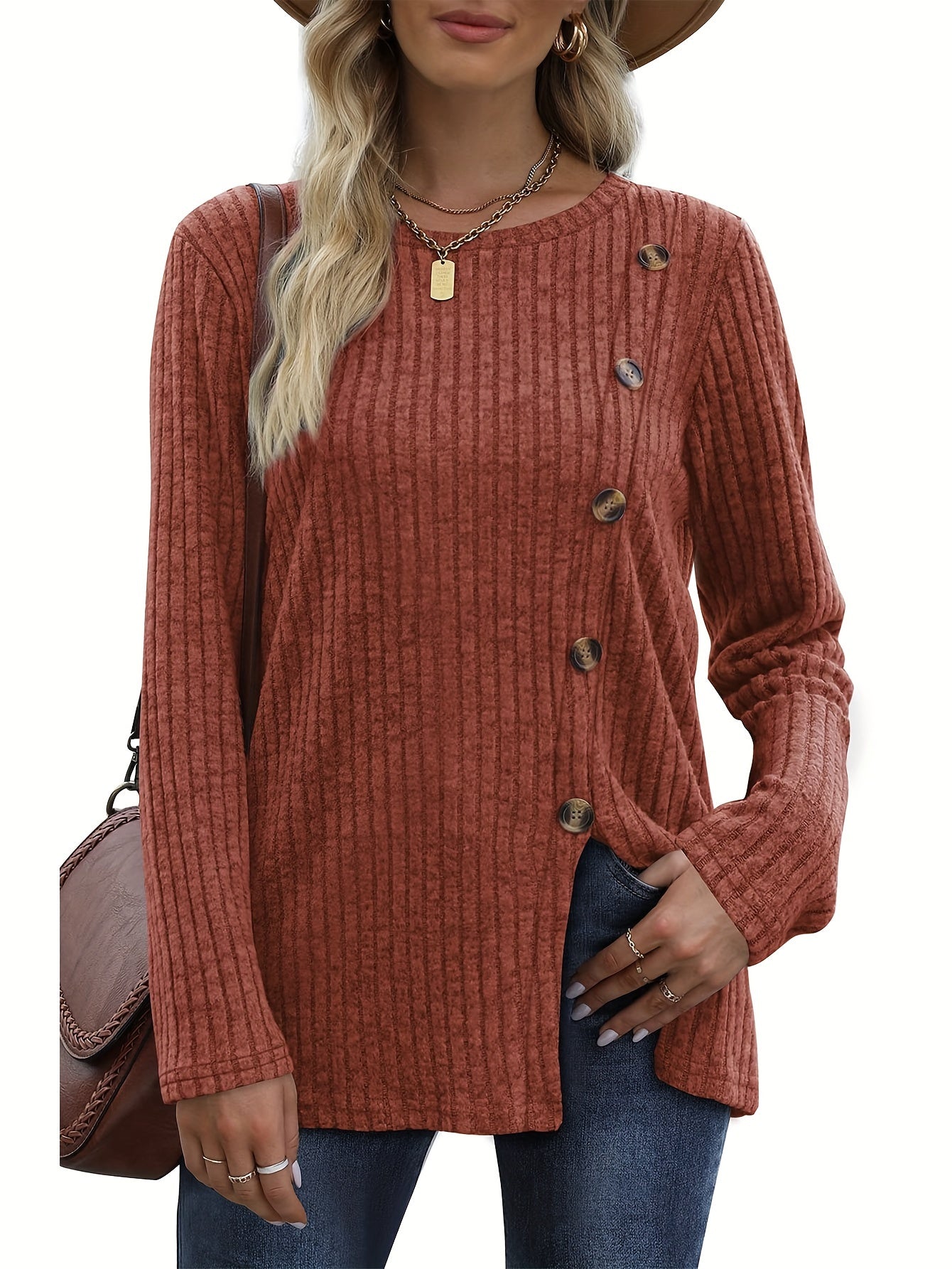 Women's Long Sleeve Crew Neck Tunic Tops Buttons Side Pullover Sweaters Fall Winter