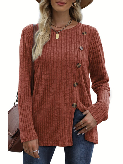 Women's Long Sleeve Crew Neck Tunic Tops Buttons Side Pullover Sweaters Fall Winter