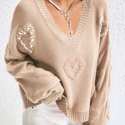 Elegant Women's V-Neck Knit Sweater with Heart Cut-Out Detail - Casual Long Sleeve Pullover, Lightweight Polyester, Perfect for All Seasons, Plus Size Sweaters