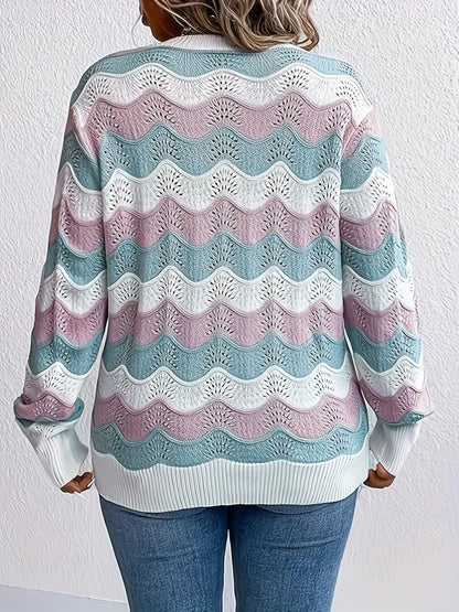 Elegant Plus Size V-Neck Sweater for Women - Striped, Hollow-Out Knit Pullover with Long Sleeves, Plus Size Sweaters