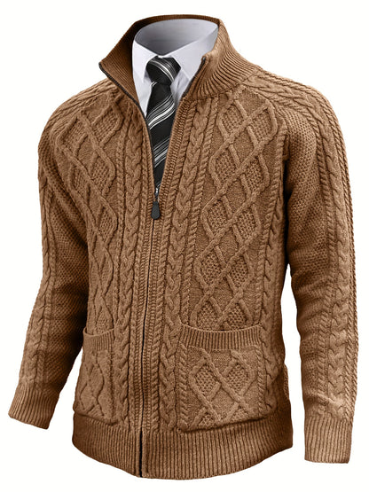 Men's Cardigan Sweaters Full Zip Up Sweater Solid Color Cable Knit Zipper Sweater Men Jackets