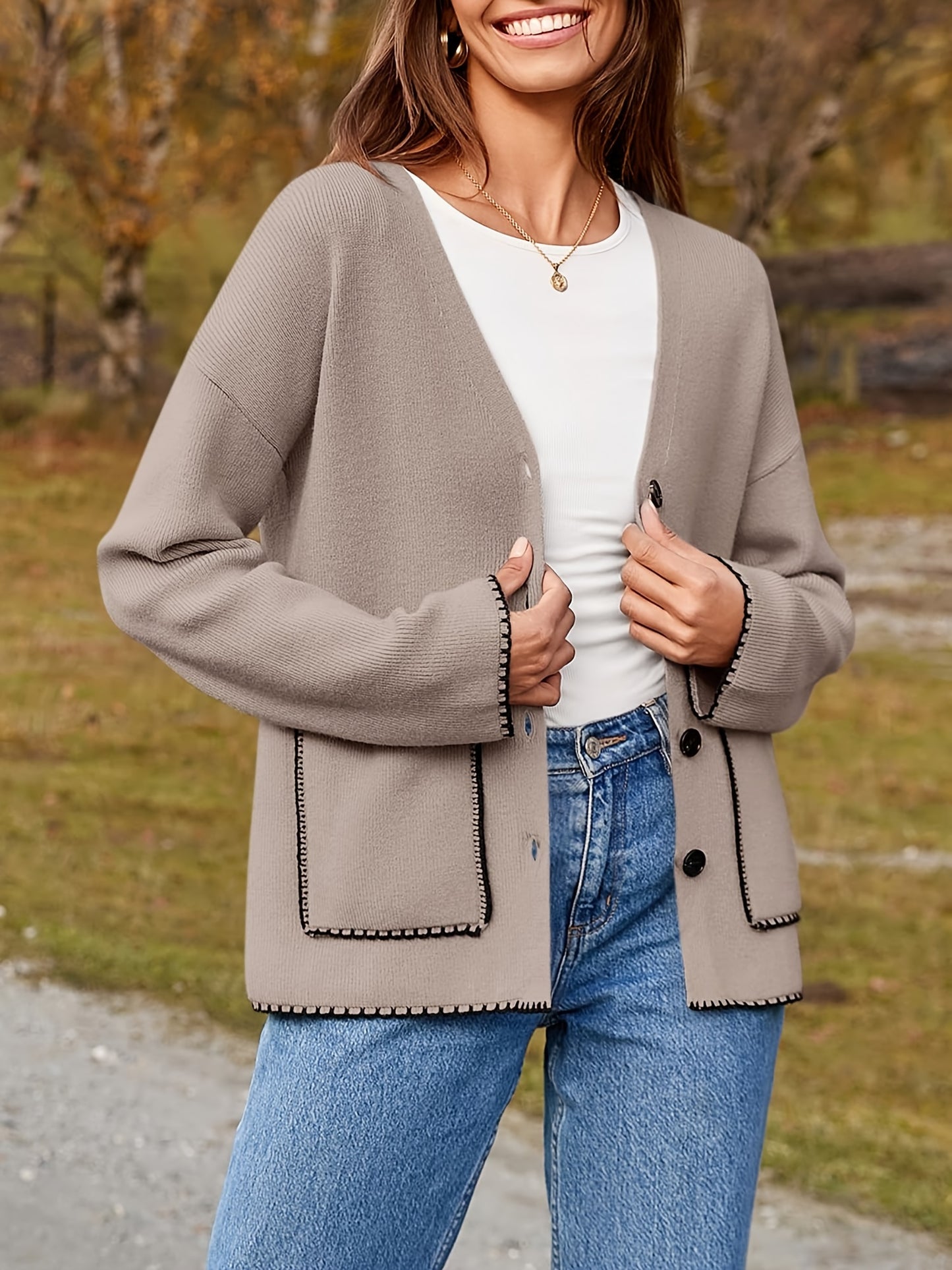 Womens Button Up Cardigan Sweaters Fall Trendy Knit Open Front Casual Loose Sweater Coat With Pockets