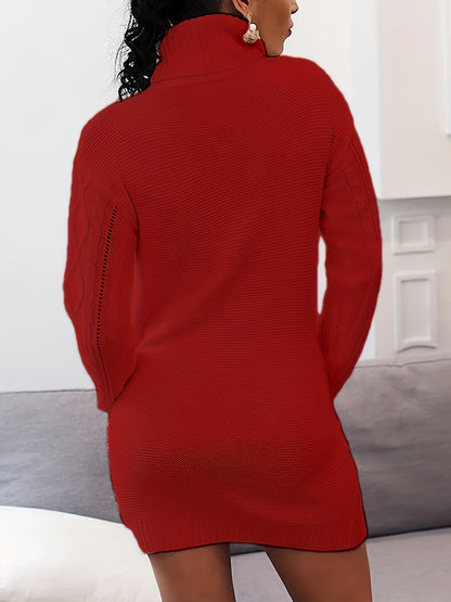 JNQualytrix Women's Elegant Sweater Dress - High Neck Long Sleeve with Double Pockets, Vibrant Red, Cozy Fall Winter Outfit, Chic Casual to Semi-Formal Wear, Ladies Sweaters, Casual to Formal Attire, Sophisticated Style, Comf
