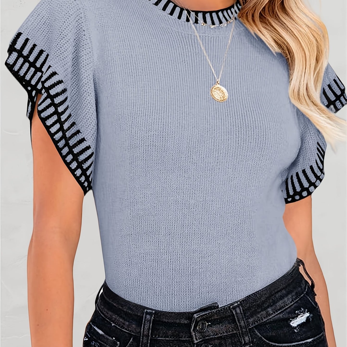 Womens Short Sleeve Sweaters Tops Summer Ruffle Striped Loose Crew Neck Lightweight Soft Shirts Knit Sweater