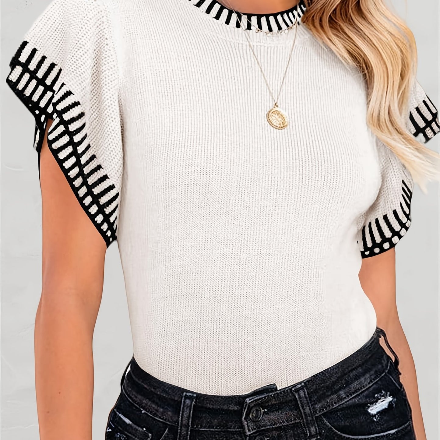 Womens Short Sleeve Sweaters Tops Summer Ruffle Striped Loose Crew Neck Lightweight Soft Shirts Knit Sweater