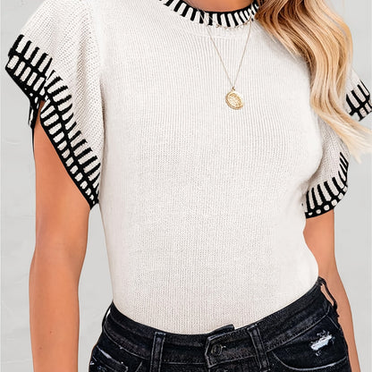 Womens Short Sleeve Sweaters Tops Summer Ruffle Striped Loose Crew Neck Lightweight Soft Shirts Knit Sweater