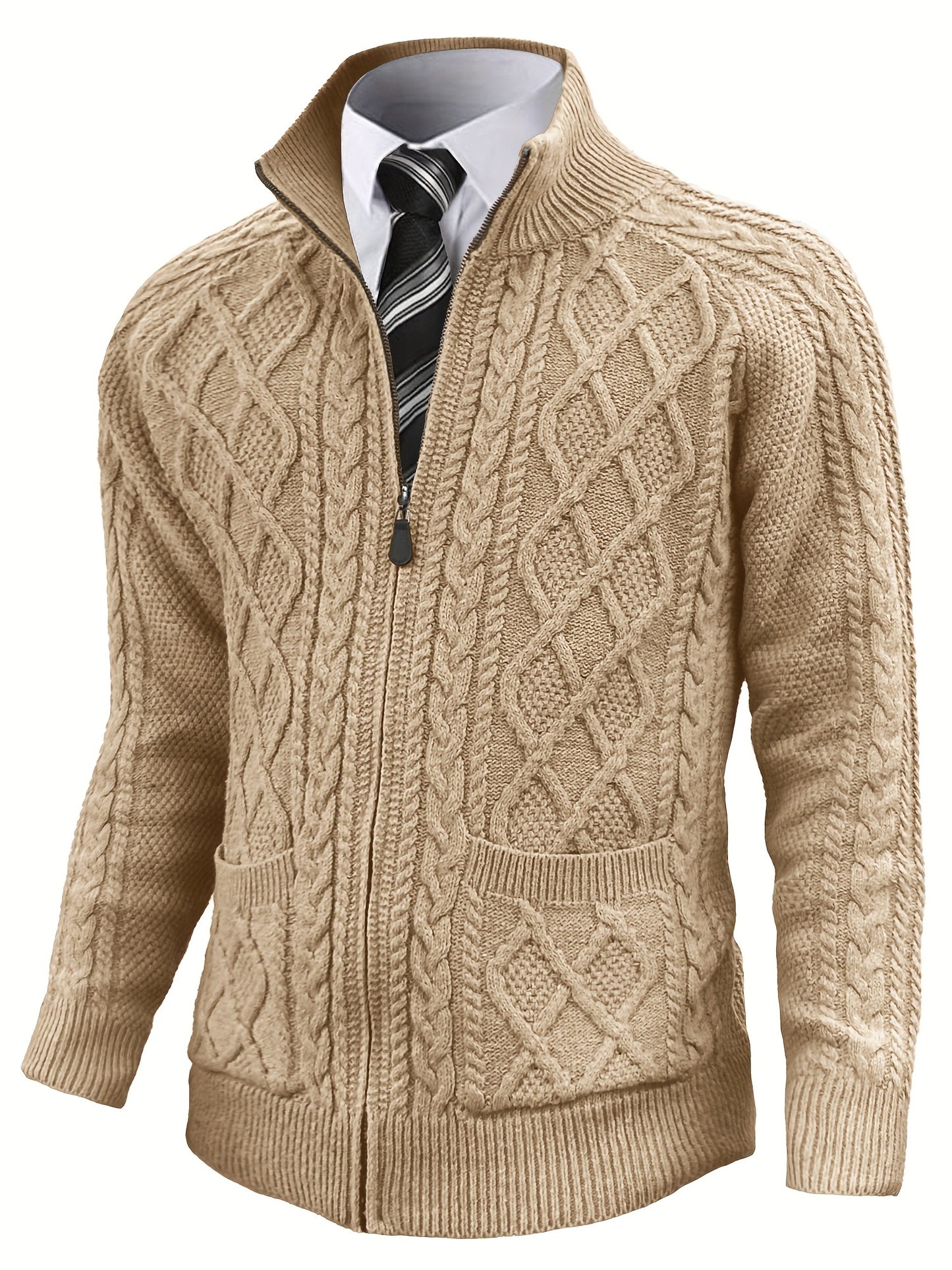 Men's Cardigan Sweaters Full Zip Up Sweater Solid Color Cable Knit Zipper Sweater Men Jackets