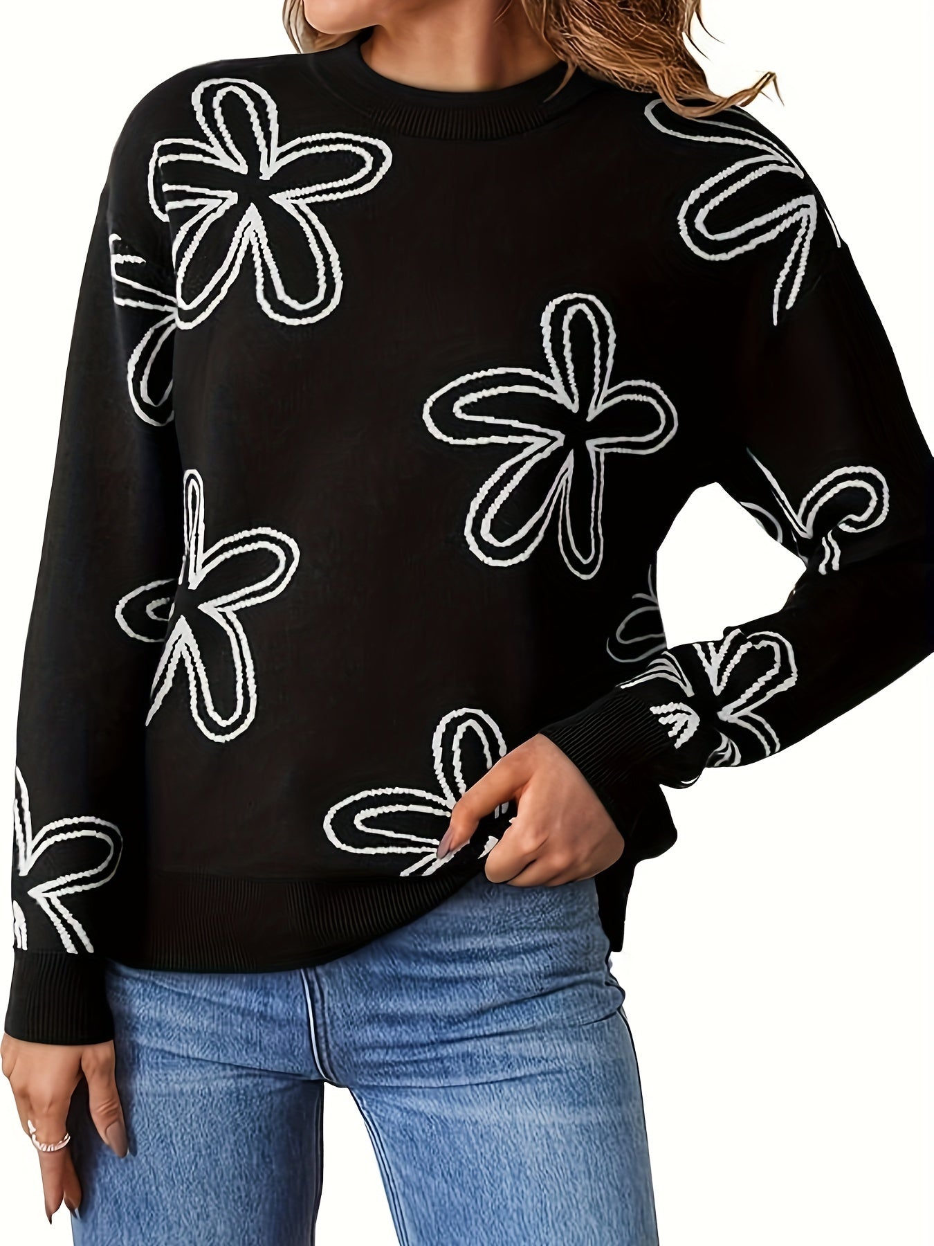 Long Sleeve Floral Print Cable Knit Casual Crewneck Sweaters For Women Pullover Sweater Tops