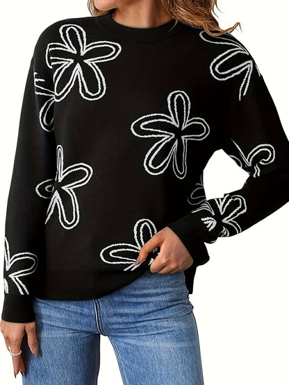 Long Sleeve Floral Print Cable Knit Casual Crewneck Sweaters For Women Pullover Sweater Tops