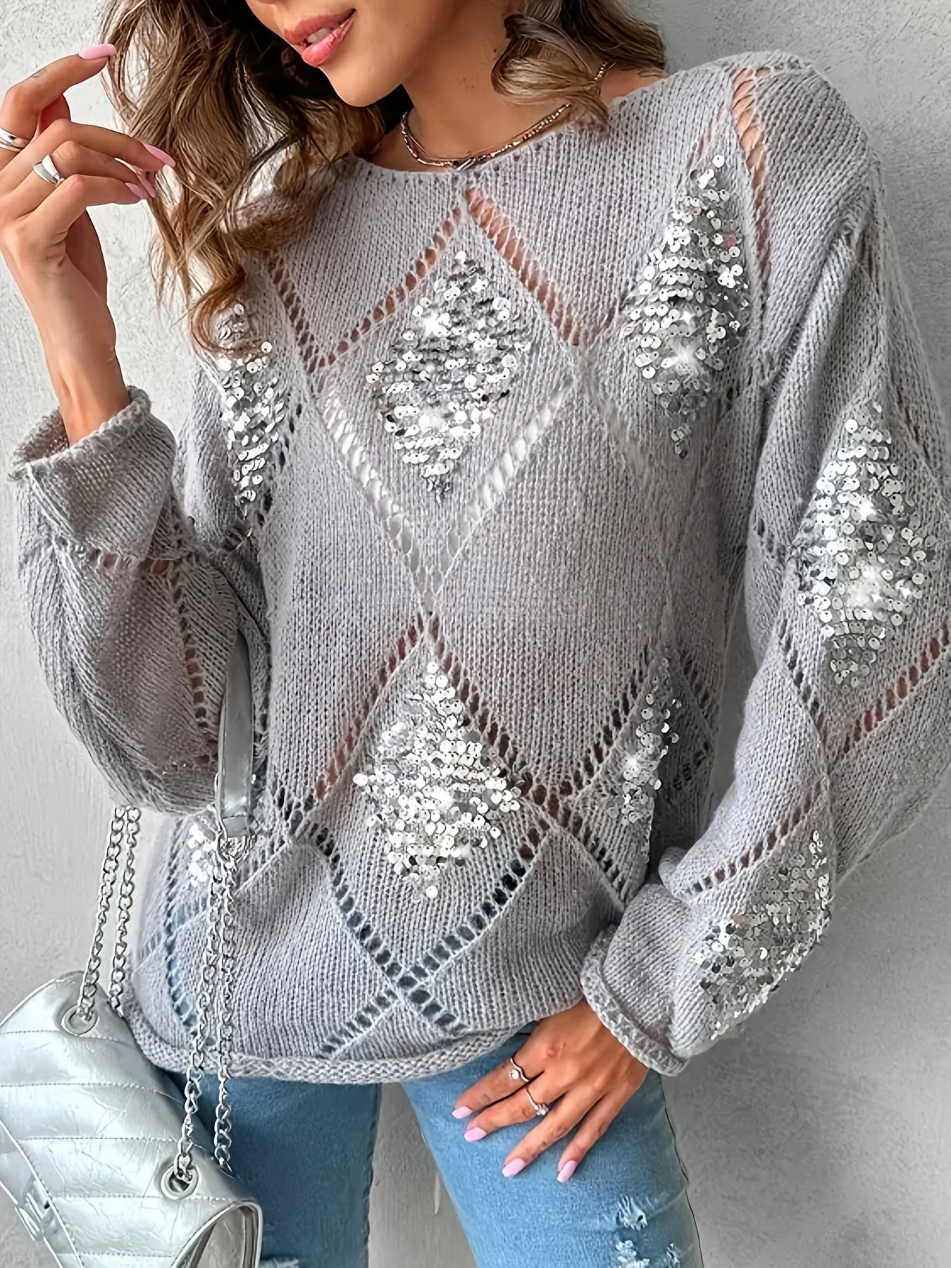Elegant Geometric Beaded Knit Sweater for Women - Casual Long Sleeve Pullover, Perfect for Spring & Fall, Plus Size Sweaters