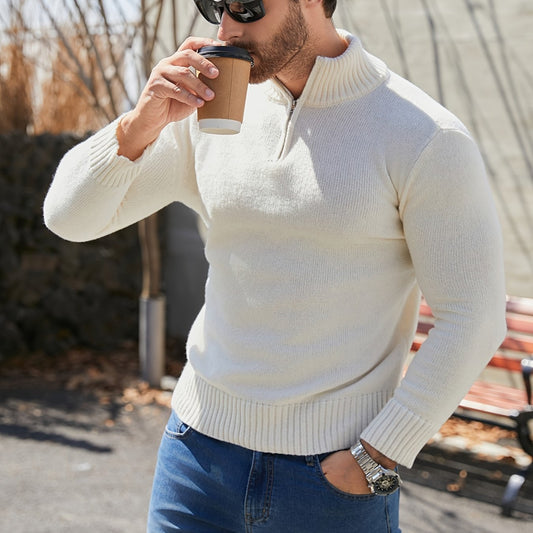Men's Casual Zip-Up High Neck Sweater - Long Sleeve, Stretch Knit Pullover in Light Color, Machine Washable for Fall/Winter, Plus Size Sweaters