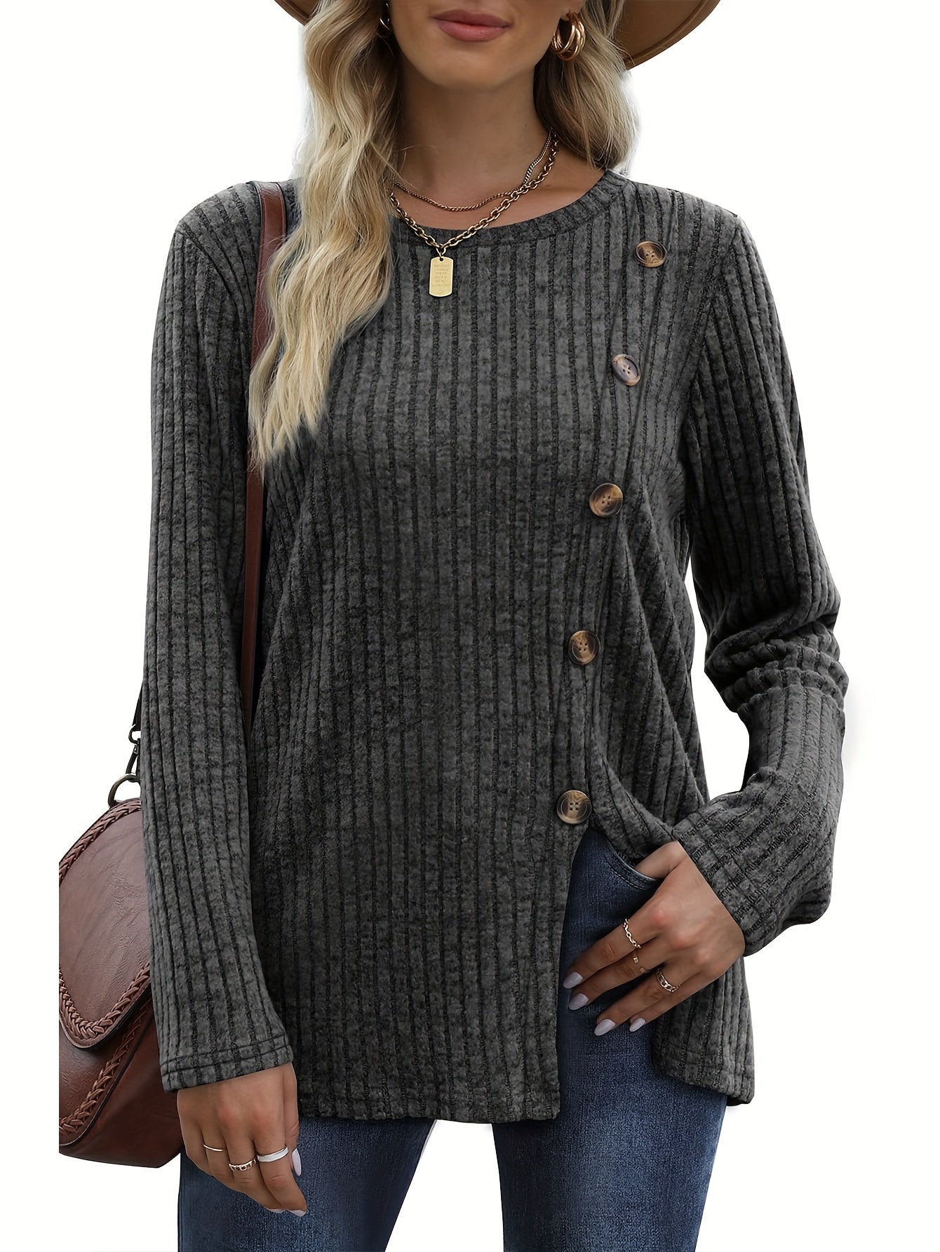 Women's Long Sleeve Crew Neck Tunic Tops Buttons Side Pullover Sweaters Fall Winter