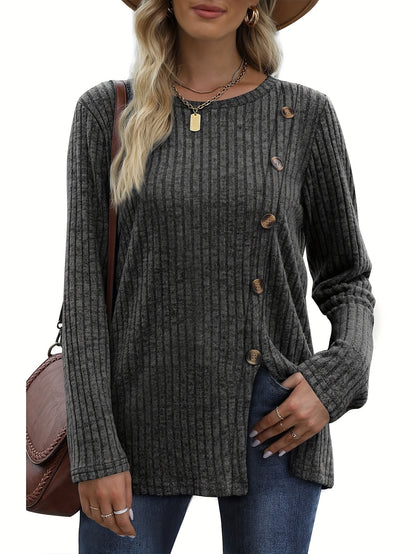 Women's Long Sleeve Crew Neck Tunic Tops Buttons Side Pullover Sweaters Fall Winter