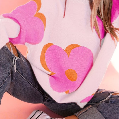 Women's Floral Jacquard Sweater - Bright Pink Oversized Pullover with Orange & White Floral Pattern, Round Neck Long Sleeve Cozy Fall Winter Casual Chic Wardrobe Essential, Ladies Sweaters