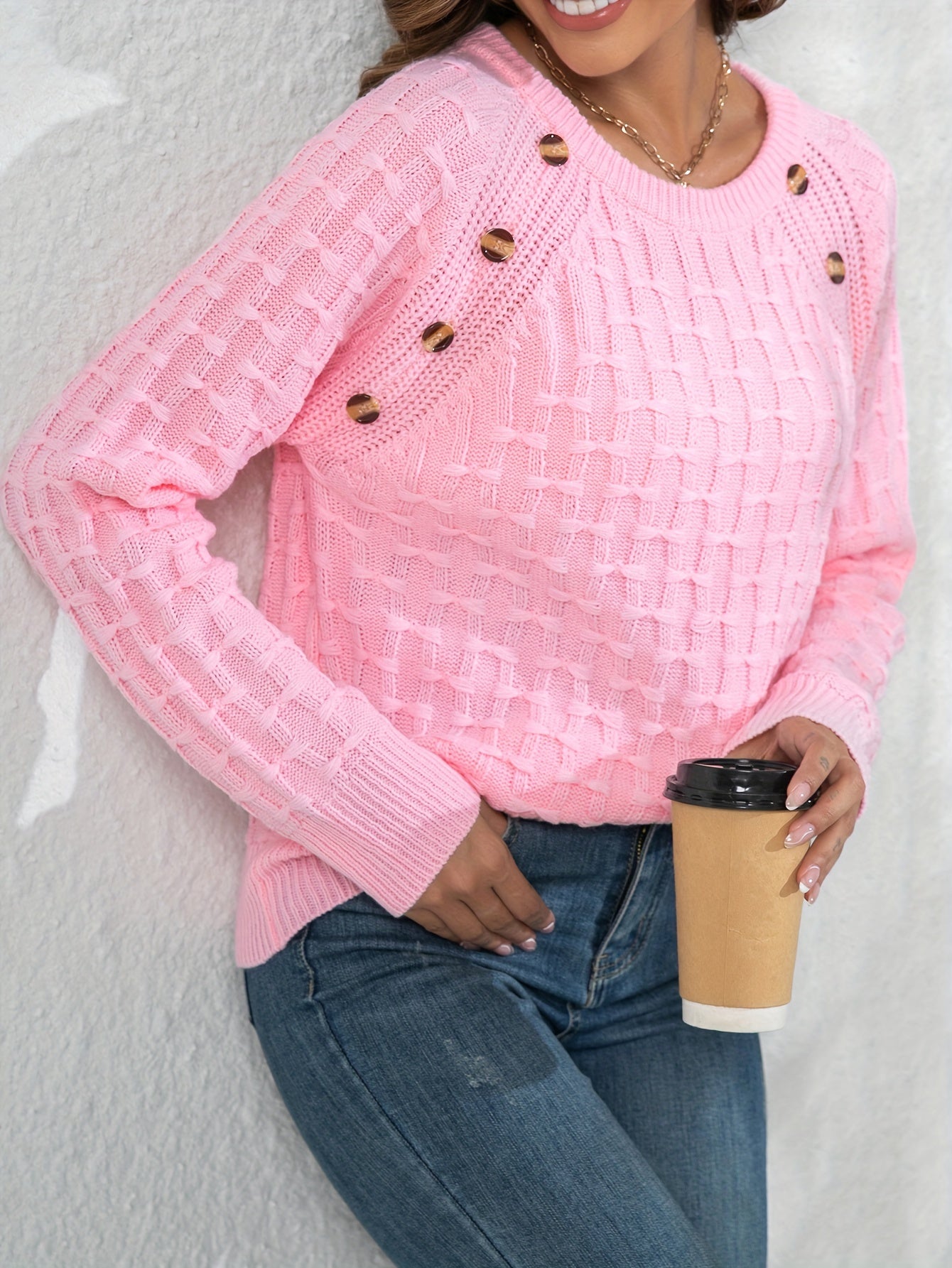 Women's Elegant 3D Bow Button Detail Sweater - Soft Long Sleeve Round Neck Pullover, Solid Color Regular Fit Fall Winter Cozy Top, Cute Sweaters