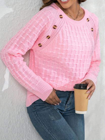 Women's Elegant 3D Bow Button Detail Sweater - Soft Long Sleeve Round Neck Pullover, Solid Color Regular Fit Fall Winter Cozy Top, Cute Sweaters