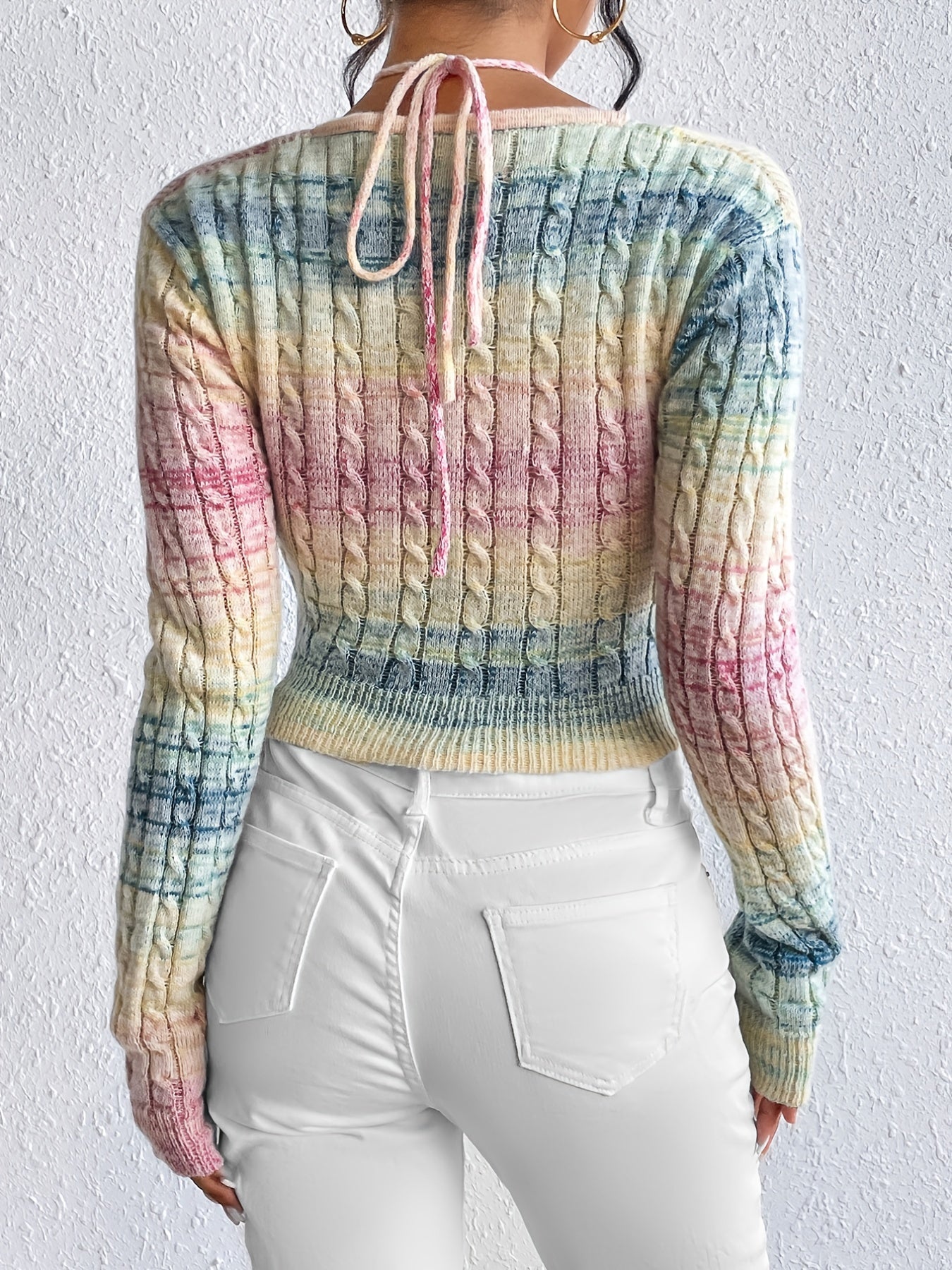 Women's Slim Fit Tie-Front Ombre Colorblock Sweater - Sleeve Top with Back Tie Detail, Pastel Pink to Blue Gradient for Spring/Fall, Cute Sweaters, Casual Wear, Breathable Material, Stylish Pullover, Styleconscious Buyers
