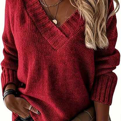 Womens Loose Sweaters - Sexy V Neck Long Sleeve Solid Knitted Jumper Pullover Sweatshirt Tops - Soft & Comfortable Knitted Fabric - For Casual & Chic Outfits - Perfect Gift for Women