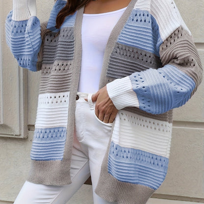 Casual Autumn Wear| Women's Plus Size Color Block Open Front Cardigan - Casual V-Neck, Eyelet Detail, Long Sleeve, Knit Sweater - Machine Washable, Polyester - Ideal for Fall/Winter, Fall Sweaters