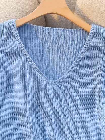 Women's Light Blue V-Neck Ribbed Sweater - Elegant Long Sleeve Pullover with Faux Button Detail, Machine Washable Fall Winter Top for Casual & Formal Wear, Cute Sweaters, Seasonal Wardrobe, Classic Knitwear, Quality Stitching