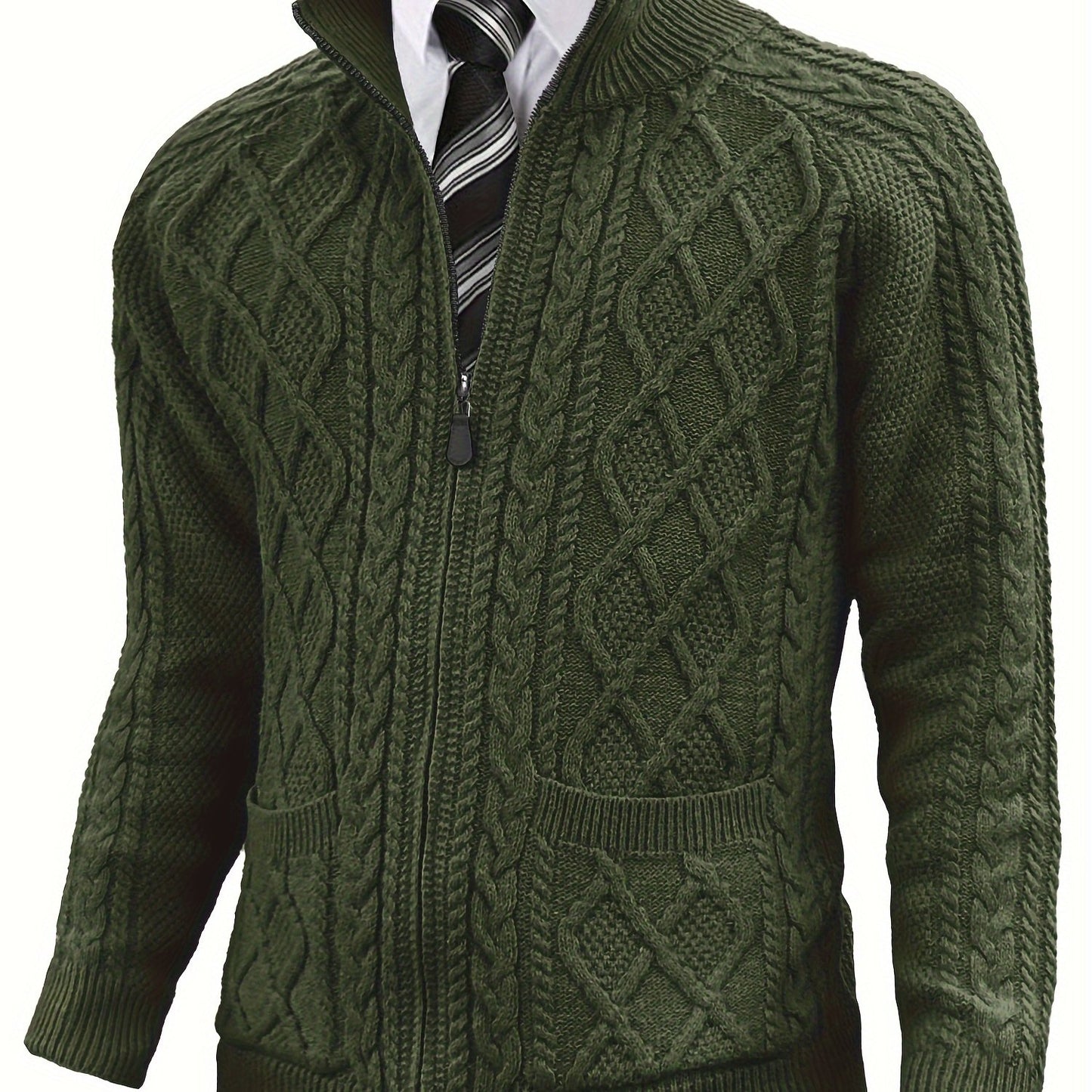 Men's Cardigan Sweaters Full Zip Up Sweater Solid Color Cable Knit Zipper Sweater Men Jackets