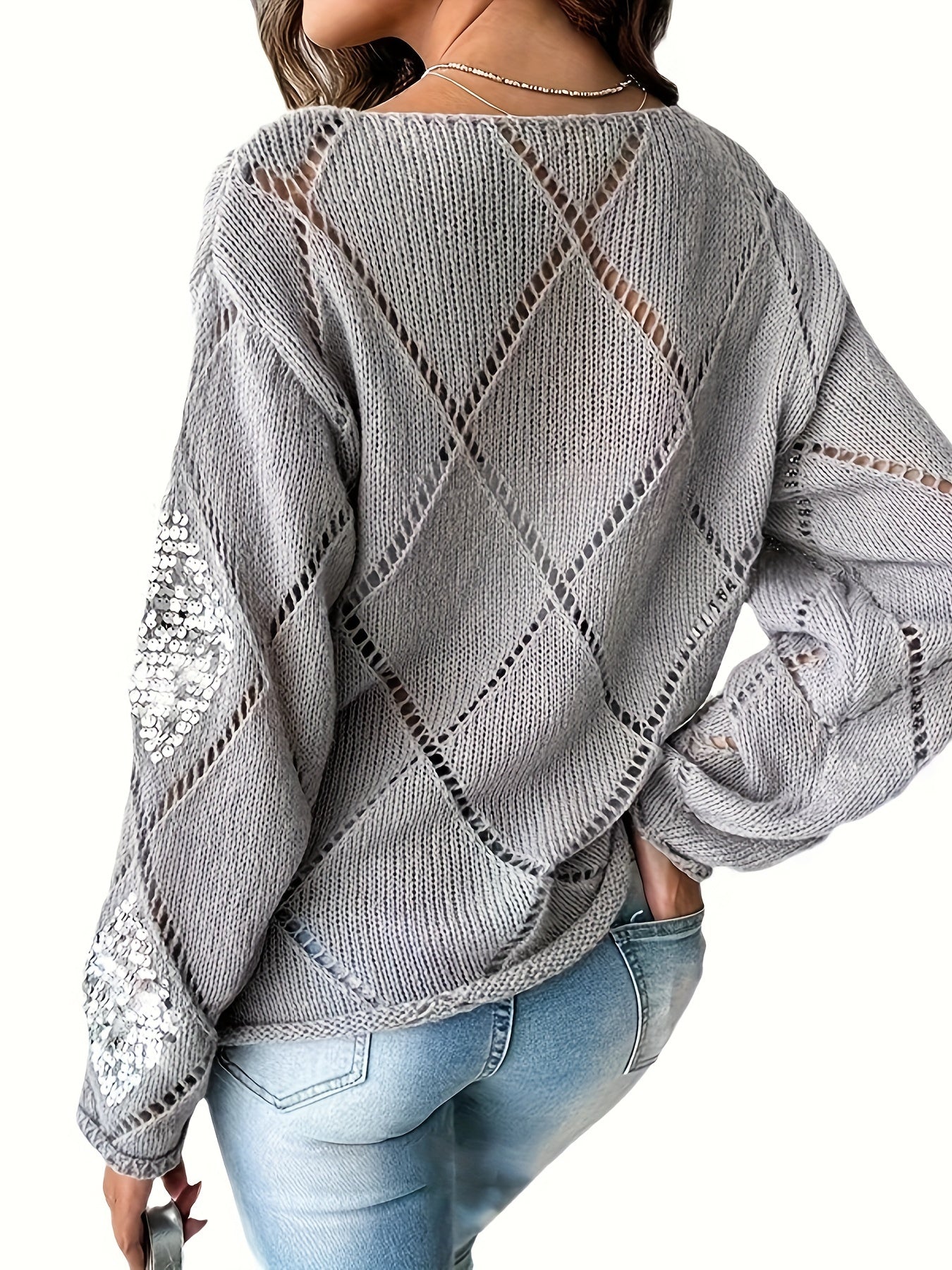 Elegant Geometric Beaded Knit Sweater for Women - Casual Long Sleeve Pullover, Perfect for Spring & Fall, Plus Size Sweaters
