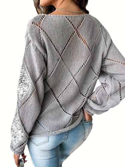Elegant Geometric Beaded Knit Sweater for Women - Casual Long Sleeve Pullover, Perfect for Spring & Fall, Plus Size Sweaters