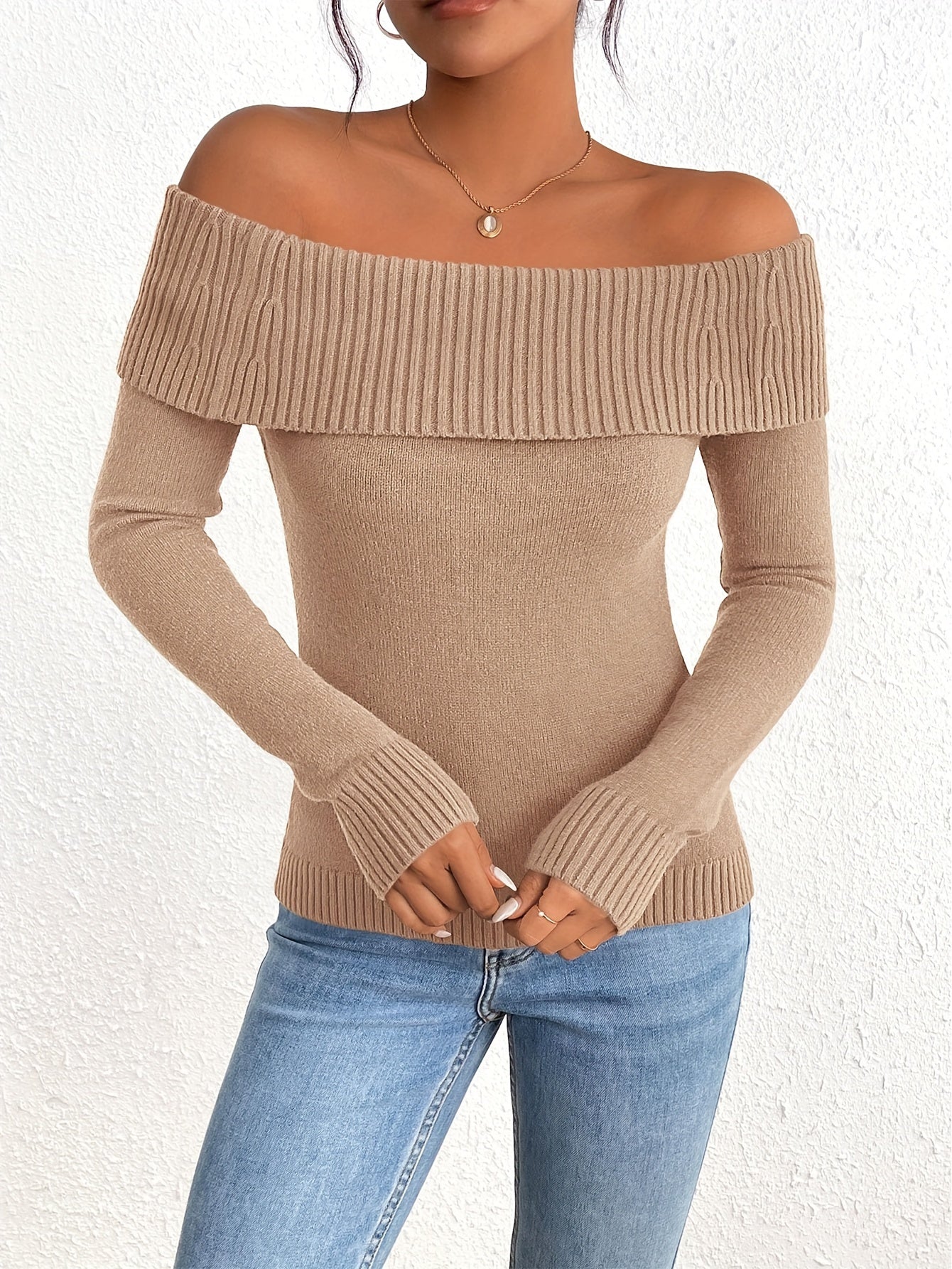 Long Sleeve Y2K Off Shoulder Ribbed Knit Fitted Pullover Women's Fall Sweaters Tops Blouse