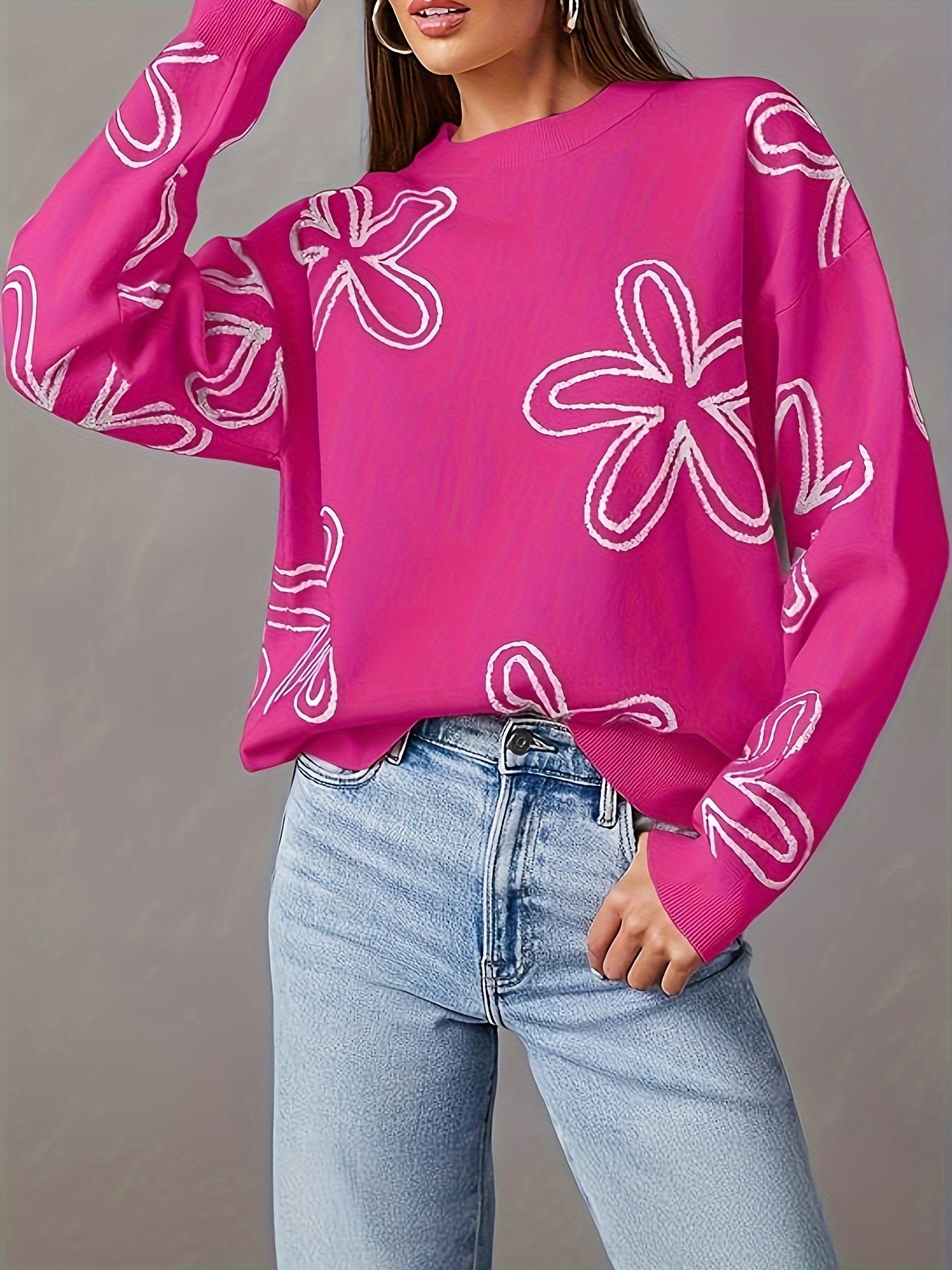 Long Sleeve Floral Print Cable Knit Casual Crewneck Sweaters For Women Pullover Sweater Tops