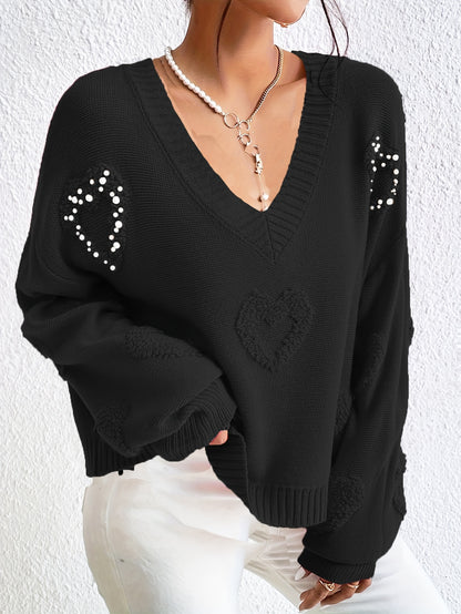 Elegant Women's V-Neck Knit Sweater with Heart Cut-Out Detail - Casual Long Sleeve Pullover, Lightweight Polyester, Perfect for All Seasons, Plus Size Sweaters