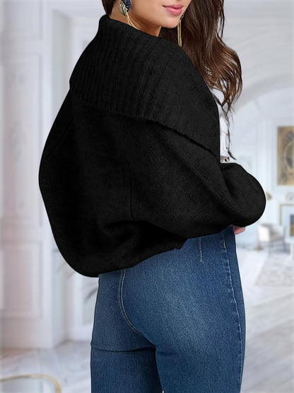 Womens Crop Long Lantern Sleeve Cardigan Sweaters Fashion Lapel Short Bolero Shrugs Casual Open Front Knit Top