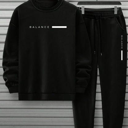 2-Piece Mens Balance Graphic Print Sweatshirt & Sweatpants Set - Sweatsuits with Loose Crew Neck, Drawstring Waist, Long Sleeve, and Outdoor Comfort