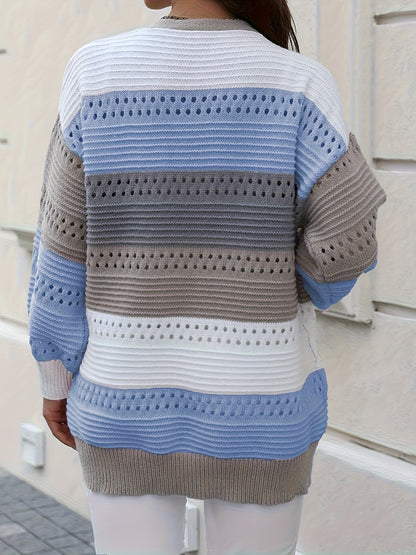 Casual Autumn Wear| Women's Plus Size Color Block Open Front Cardigan - Casual V-Neck, Eyelet Detail, Long Sleeve, Knit Sweater - Machine Washable, Polyester - Ideal for Fall/Winter, Fall Sweaters