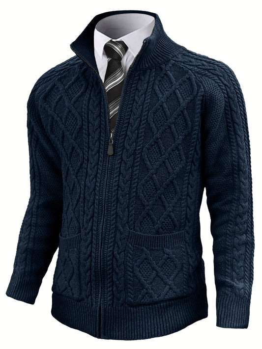 Men's Cardigan Sweaters Full Zip Up Sweater Solid Color Cable Knit Zipper Sweater Men Jackets