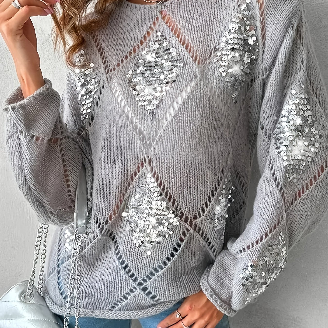 Elegant Geometric Beaded Knit Sweater for Women - Casual Long Sleeve Pullover, Perfect for Spring & Fall, Plus Size Sweaters