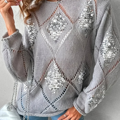 Elegant Geometric Beaded Knit Sweater for Women - Casual Long Sleeve Pullover, Perfect for Spring & Fall, Plus Size Sweaters