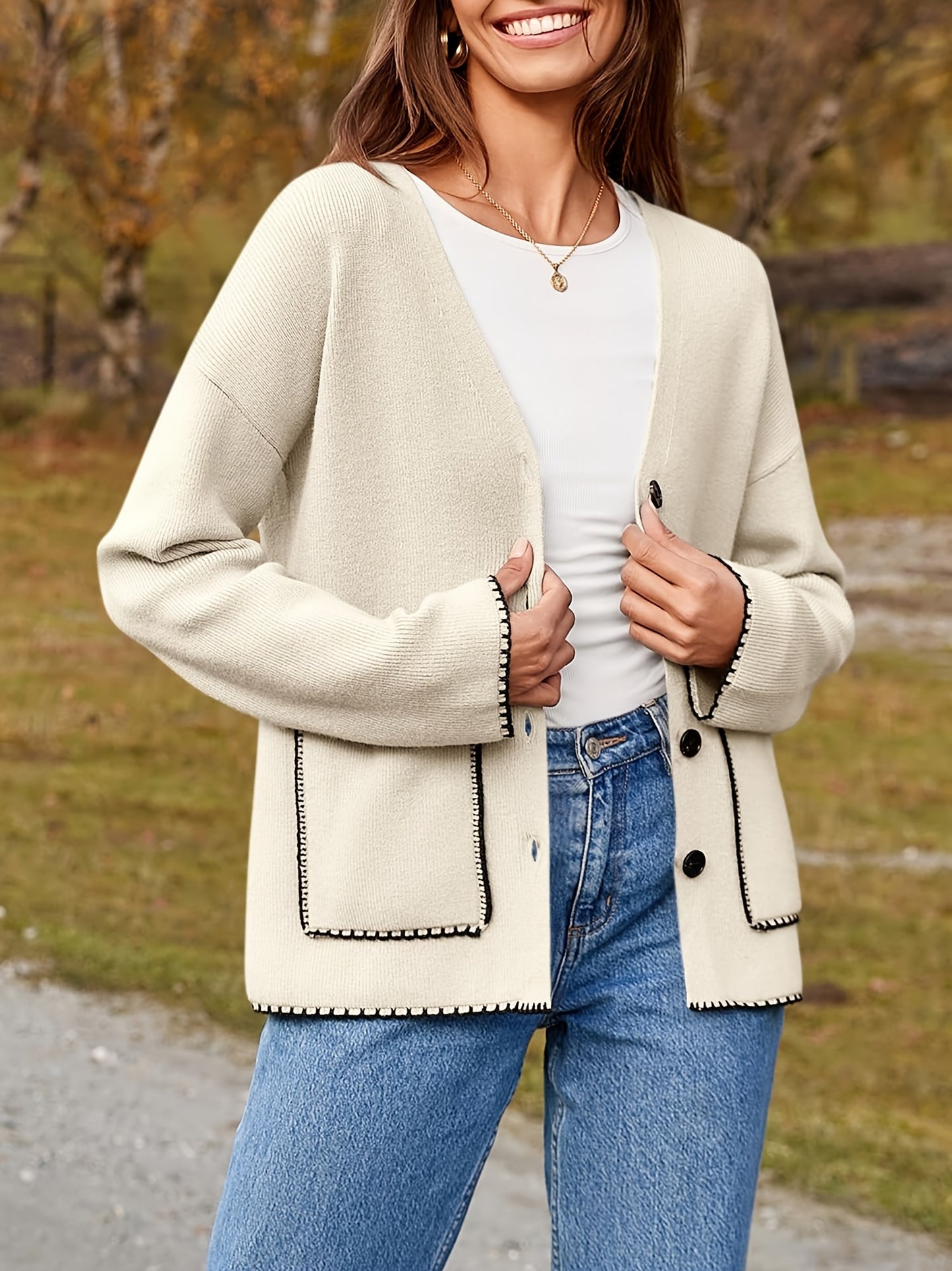 Womens Button Up Cardigan Sweaters Fall Trendy Knit Open Front Casual Loose Sweater Coat With Pockets