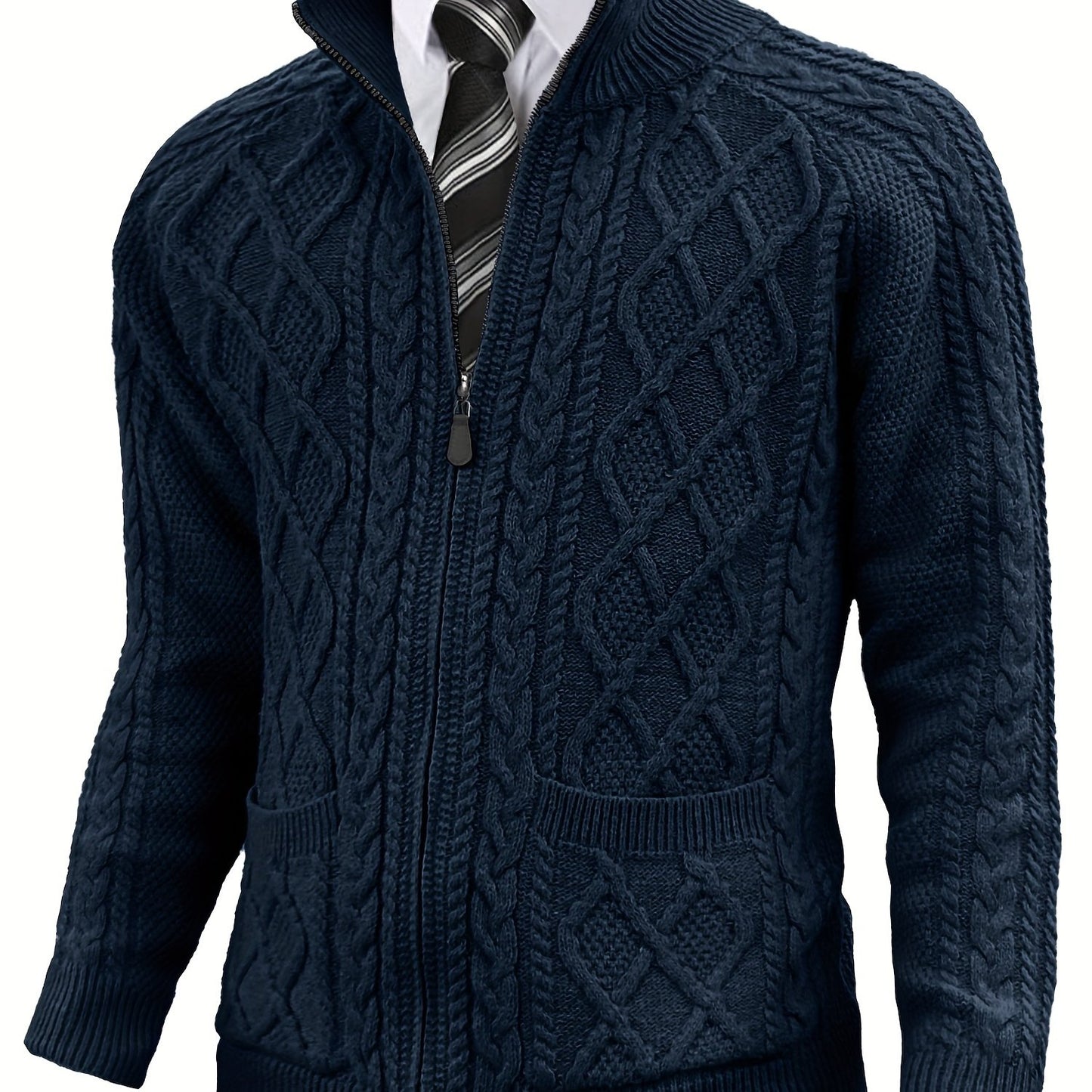 Men's Cardigan Sweaters Full Zip Up Sweater Solid Color Cable Knit Zipper Sweater Men Jackets