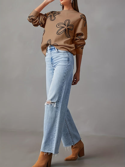 Long Sleeve Floral Print Cable Knit Casual Crewneck Sweaters For Women Pullover Sweater Tops