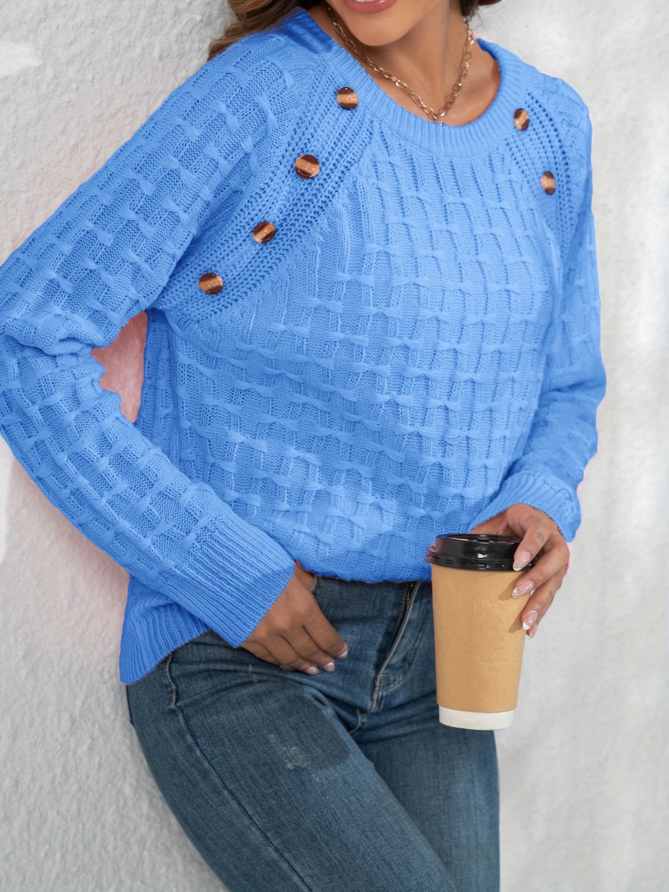 Women's Elegant 3D Bow Button Detail Sweater - Soft Long Sleeve Round Neck Pullover, Solid Color Regular Fit Fall Winter Cozy Top, Cute Sweaters