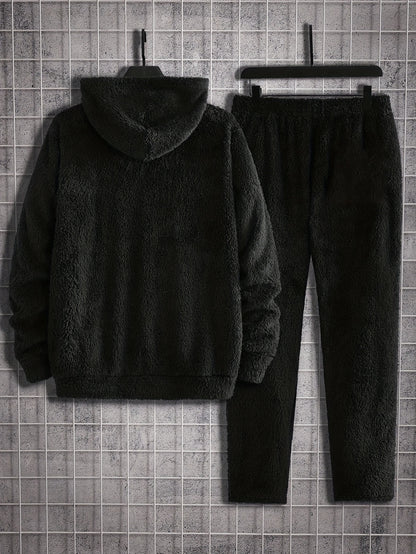 Plus Size Men's Solid Fleece Hooded Sweatshirt & Sweatpants Set For Fall Winter, 2Pcs Outfits, Men's Clothing