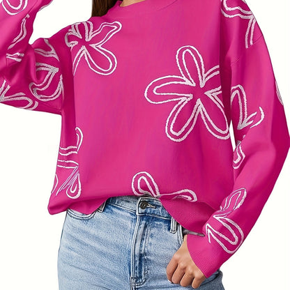 Long Sleeve Floral Print Cable Knit Casual Crewneck Sweaters For Women Pullover Sweater Tops