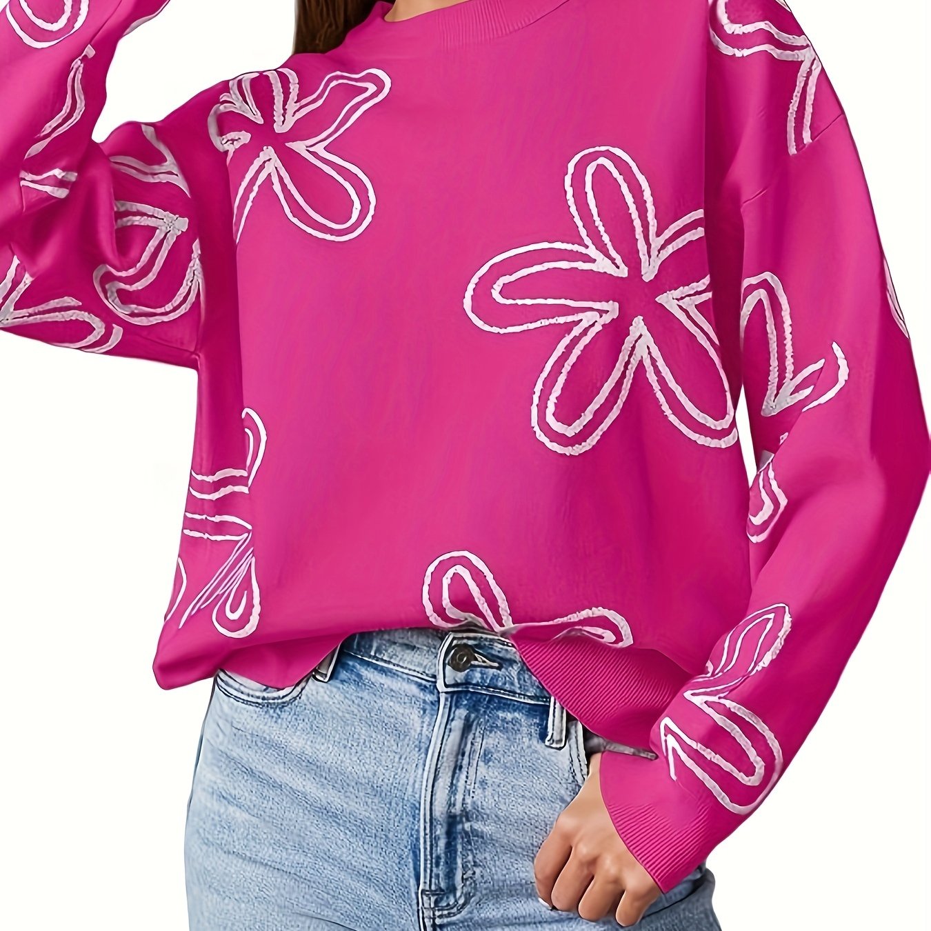 Long Sleeve Floral Print Cable Knit Casual Crewneck Sweaters For Women Pullover Sweater Tops